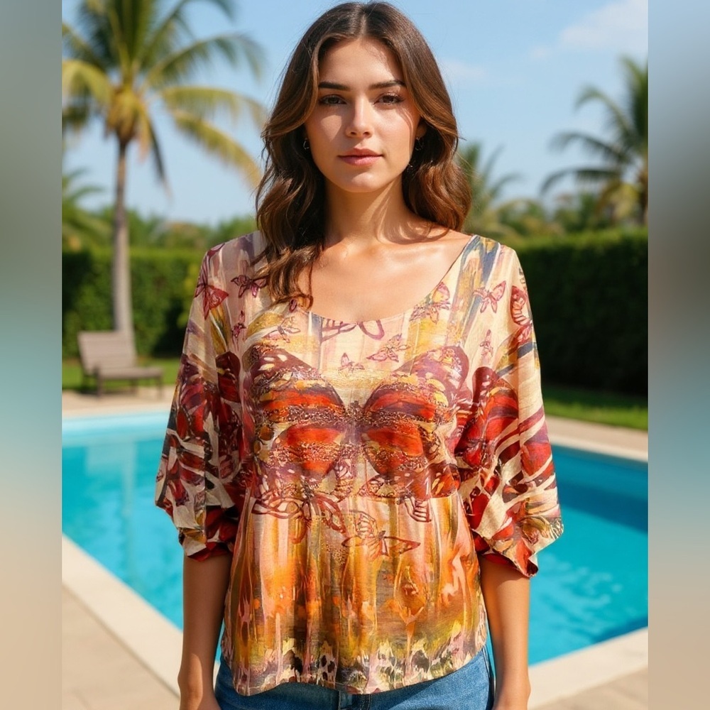 One World Live and Let Live ladies butterfly blouse, extra large, excellent cond